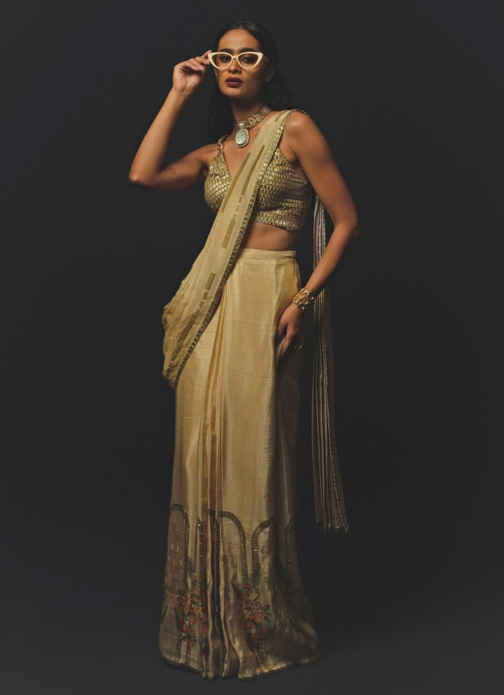 Beige Tissue Pre - Draped Saree Basil Leaf - Fabilicious Fashion