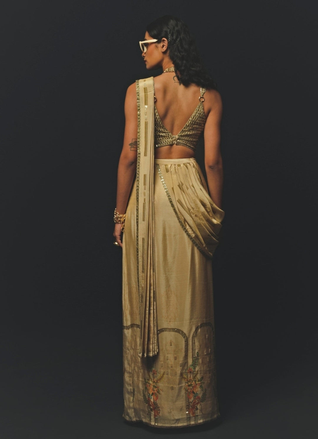 Beige Tissue Pre - Draped Saree Basil Leaf - Fabilicious Fashion