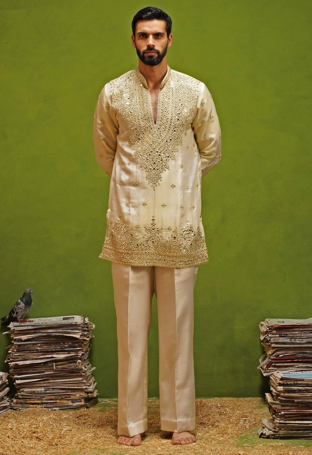 Kalpraag Beige Tissue Silk Mirror Short Kurta SetFabilicious Fashion