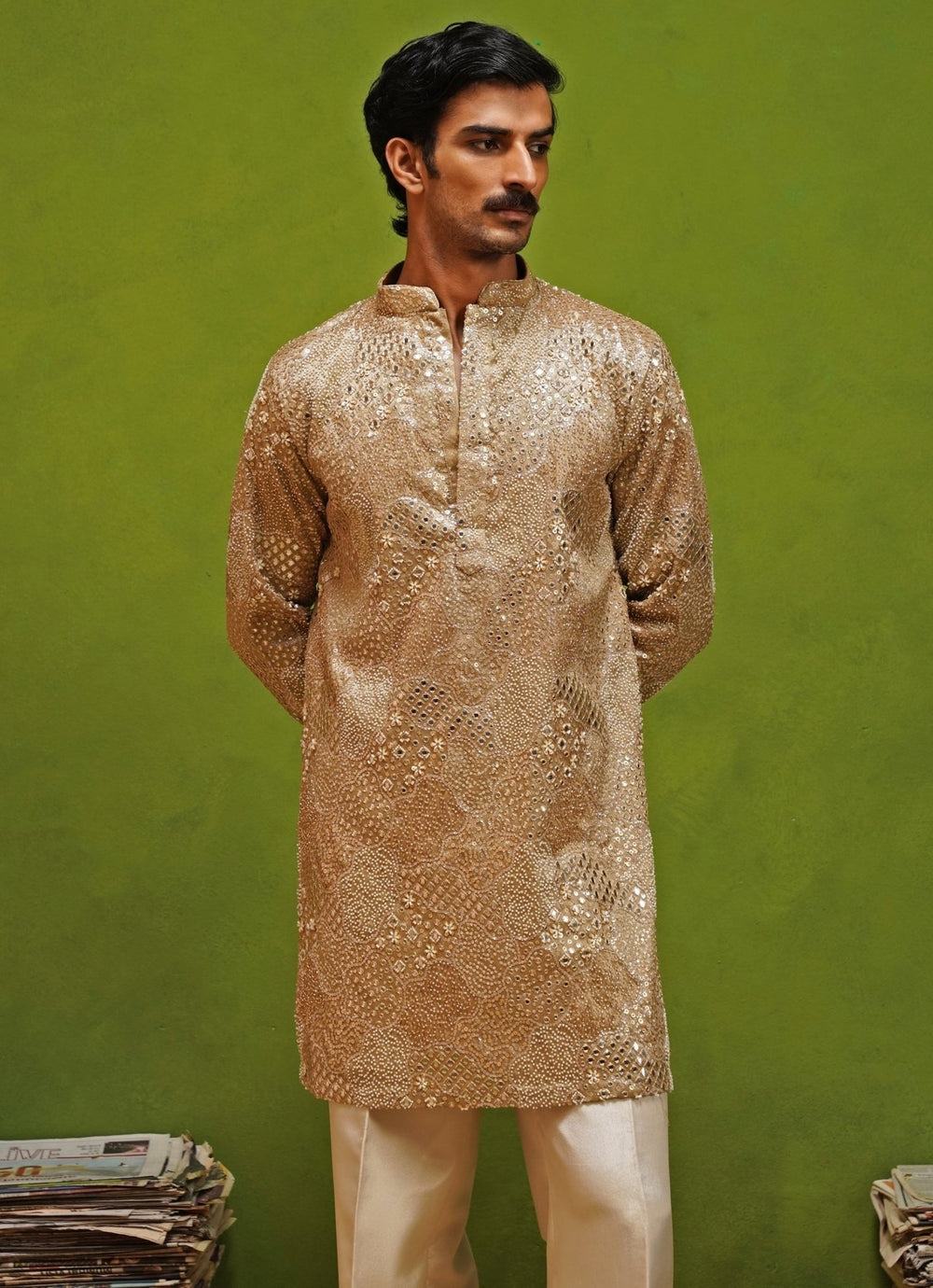 Kalpraag Beige Tissue Silk Short Kurta Pants SetFabilicious Fashion