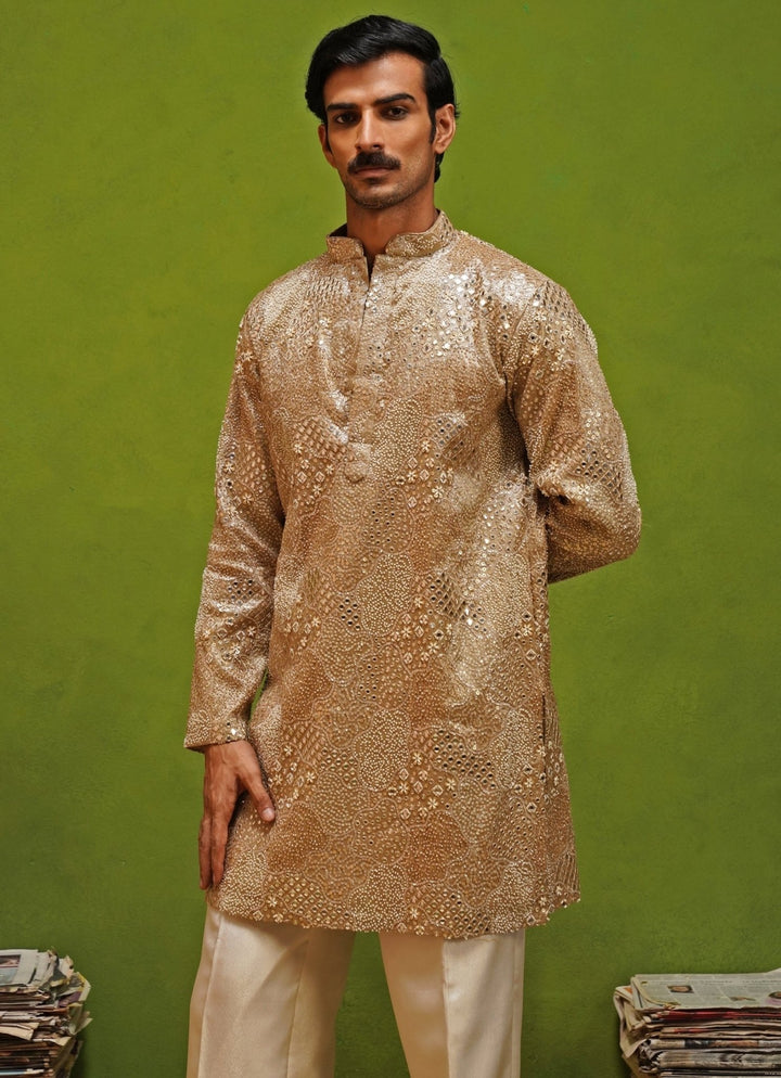 Kalpraag Beige Tissue Silk Short Kurta Pants SetFabilicious Fashion