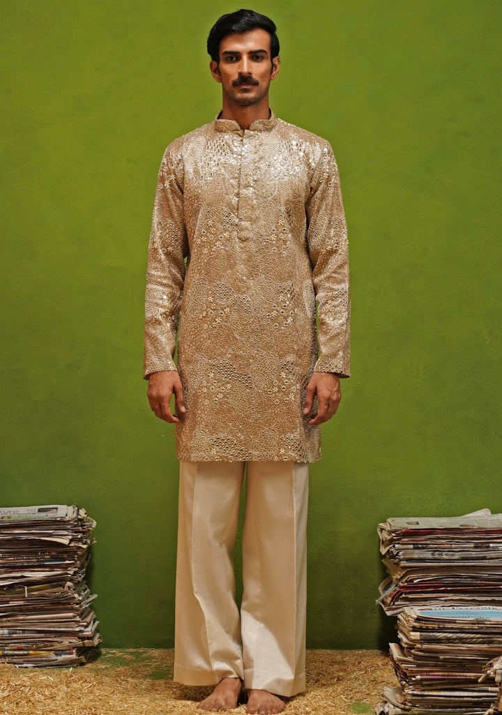 Kalpraag Beige Tissue Silk Short Kurta Pants SetFabilicious Fashion