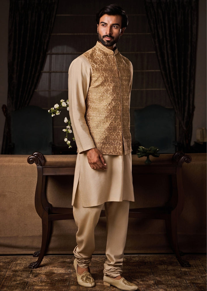 Beige Tussar Silk Nehru Jacket Set Nitika Gujral - Men - Fabilicious Fashion