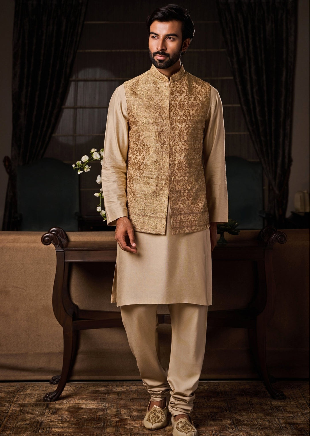 Beige Tussar Silk Nehru Jacket Set Nitika Gujral - Men - Fabilicious Fashion