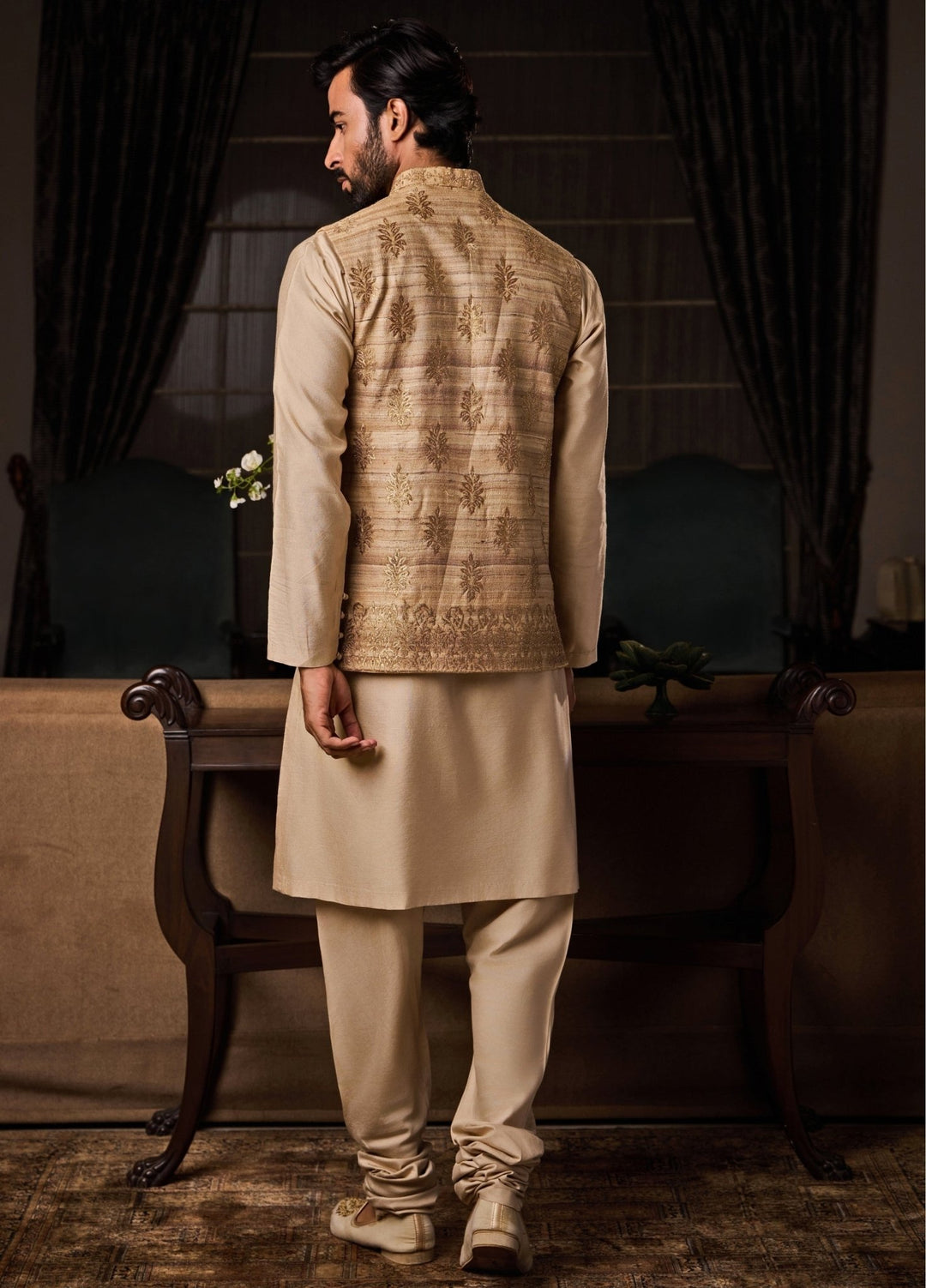 Beige Tussar Silk Nehru Jacket Set Nitika Gujral - Men - Fabilicious Fashion