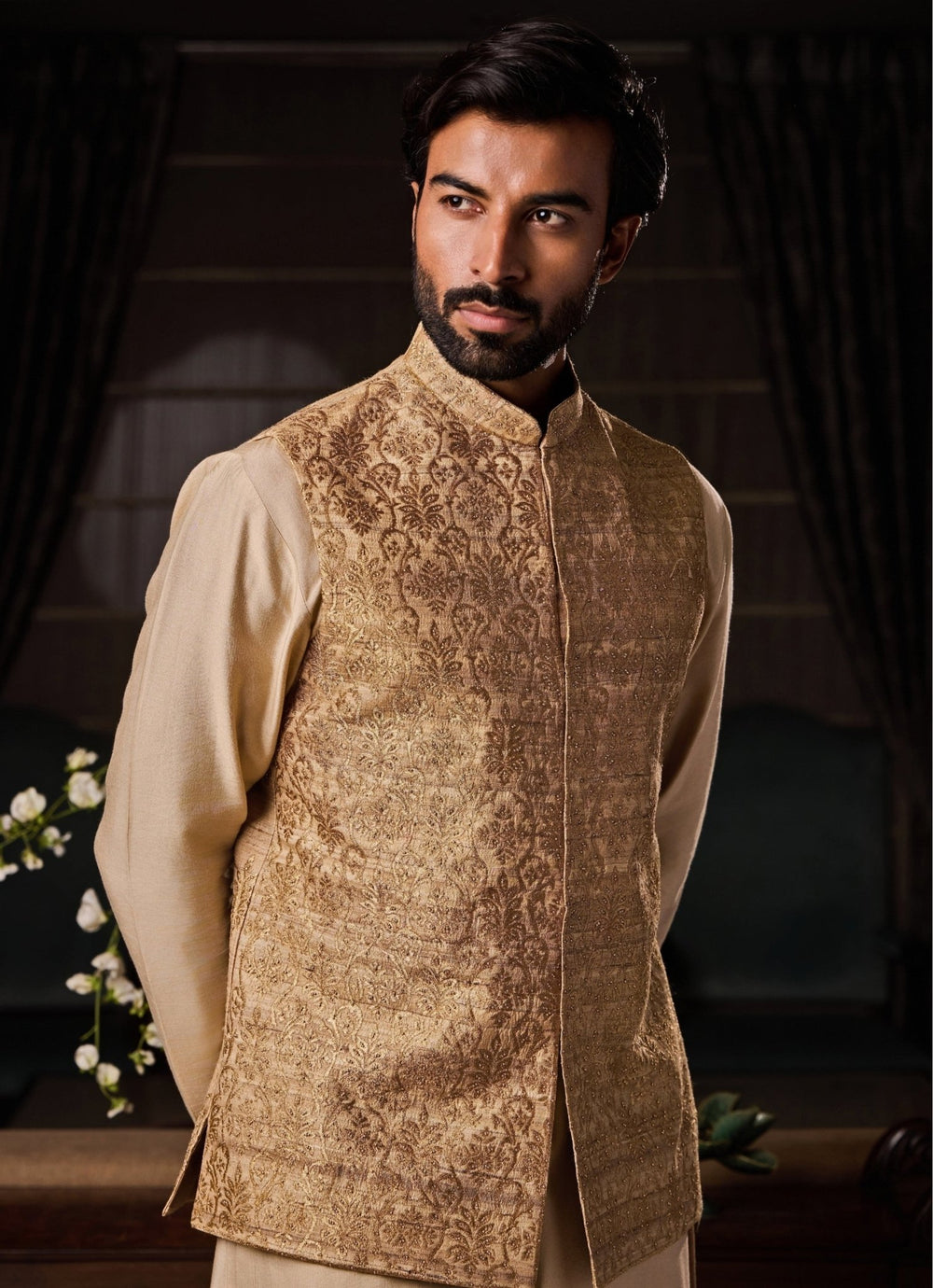 Beige Tussar Silk Nehru Jacket Set Nitika Gujral - Men - Fabilicious Fashion