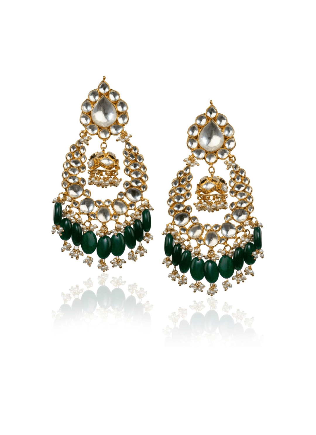 Big Stone White Earring In Green Hangings With Small Jhumki Riana by Shikha Jindal - Fabilicious Fashion