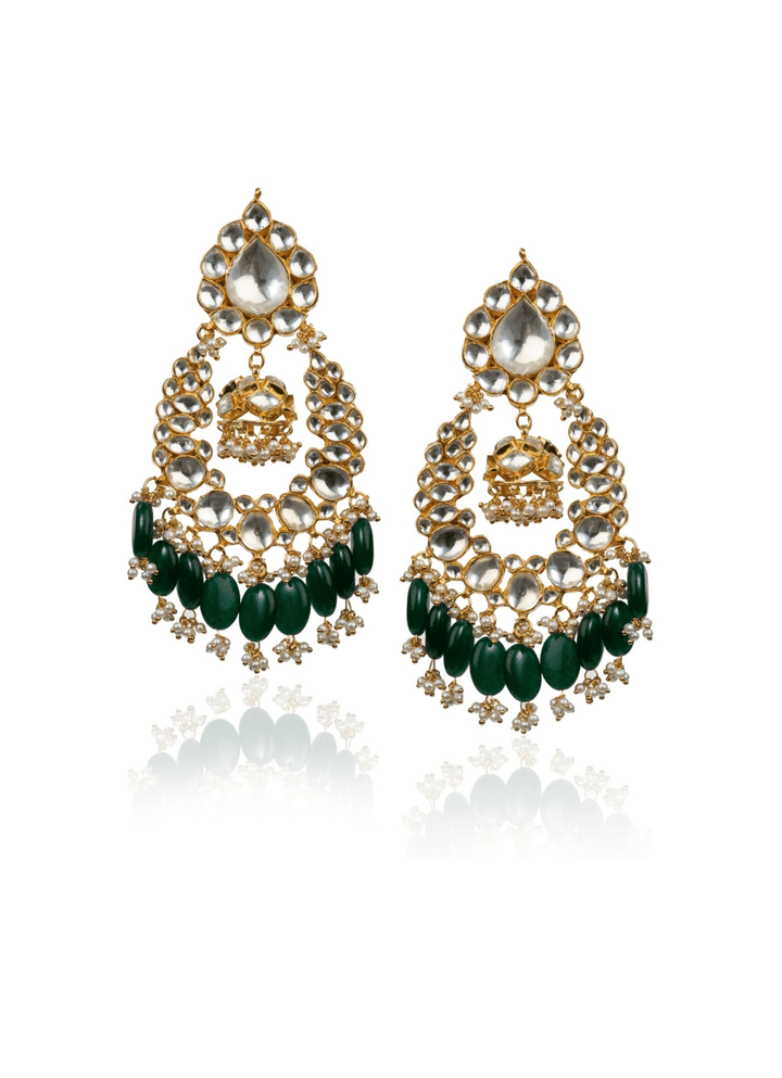 Big Stone White Earring In Green Hangings With Small Jhumki Riana by Shikha Jindal - Fabilicious Fashion
