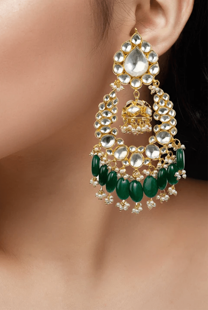 Big Stone White Earring In Green Hangings With Small Jhumki Riana by Shikha Jindal - Fabilicious Fashion