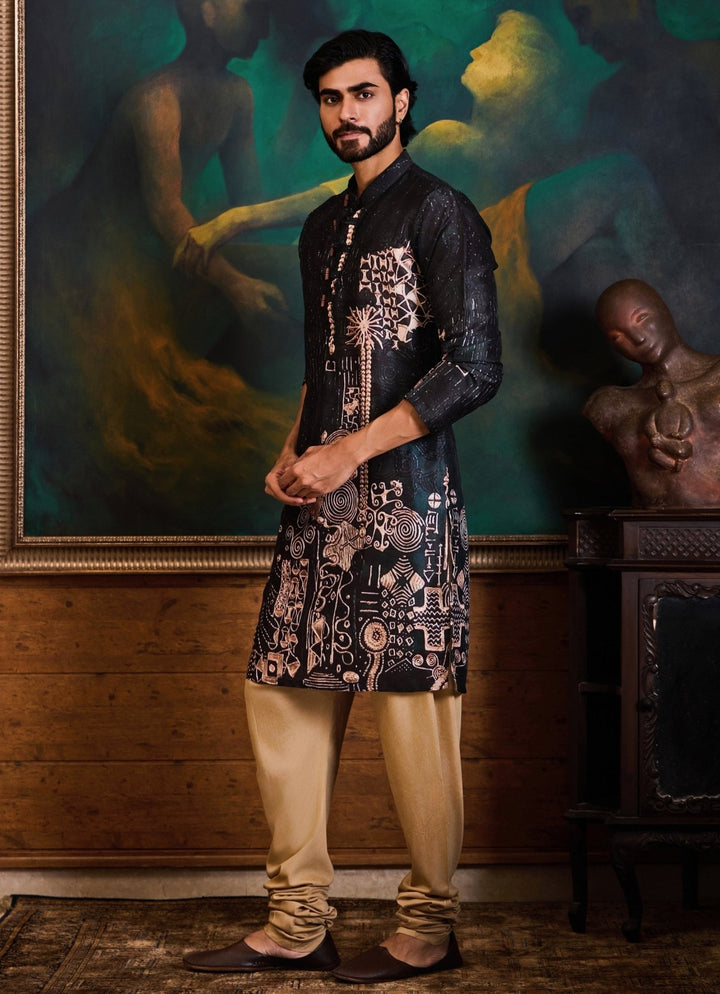 Black and Beige Dupion Silk Printed Kurta Set Nitika Gujral - Men - Fabilicious Fashion