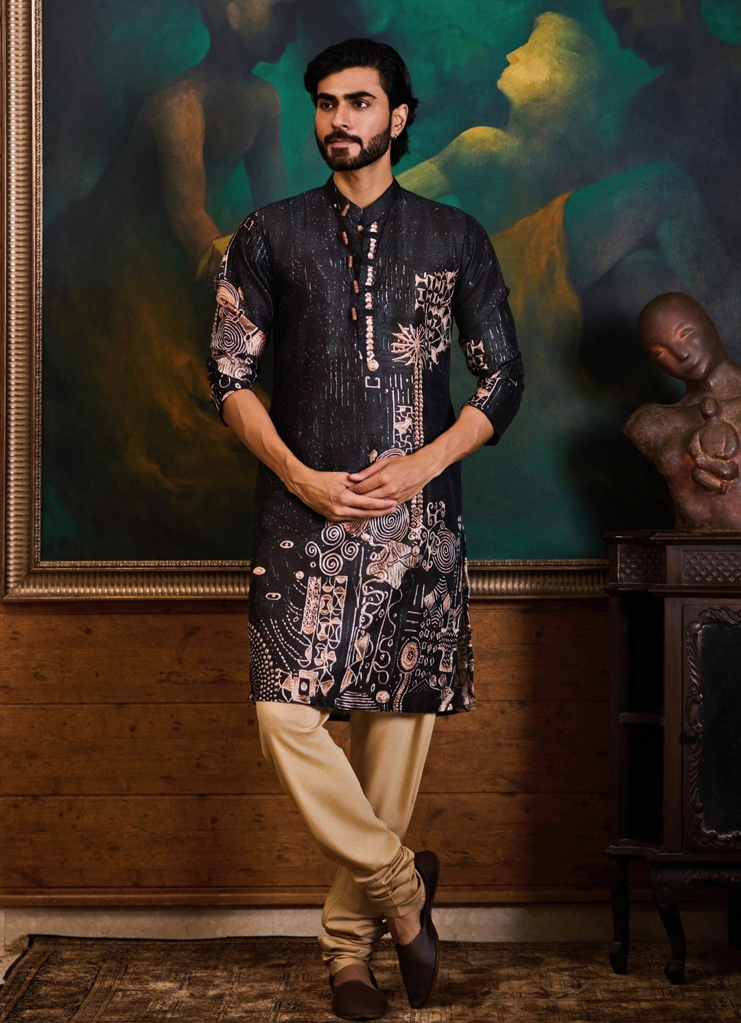 Black and Beige Dupion Silk Printed Kurta Set Nitika Gujral - Men - Fabilicious Fashion