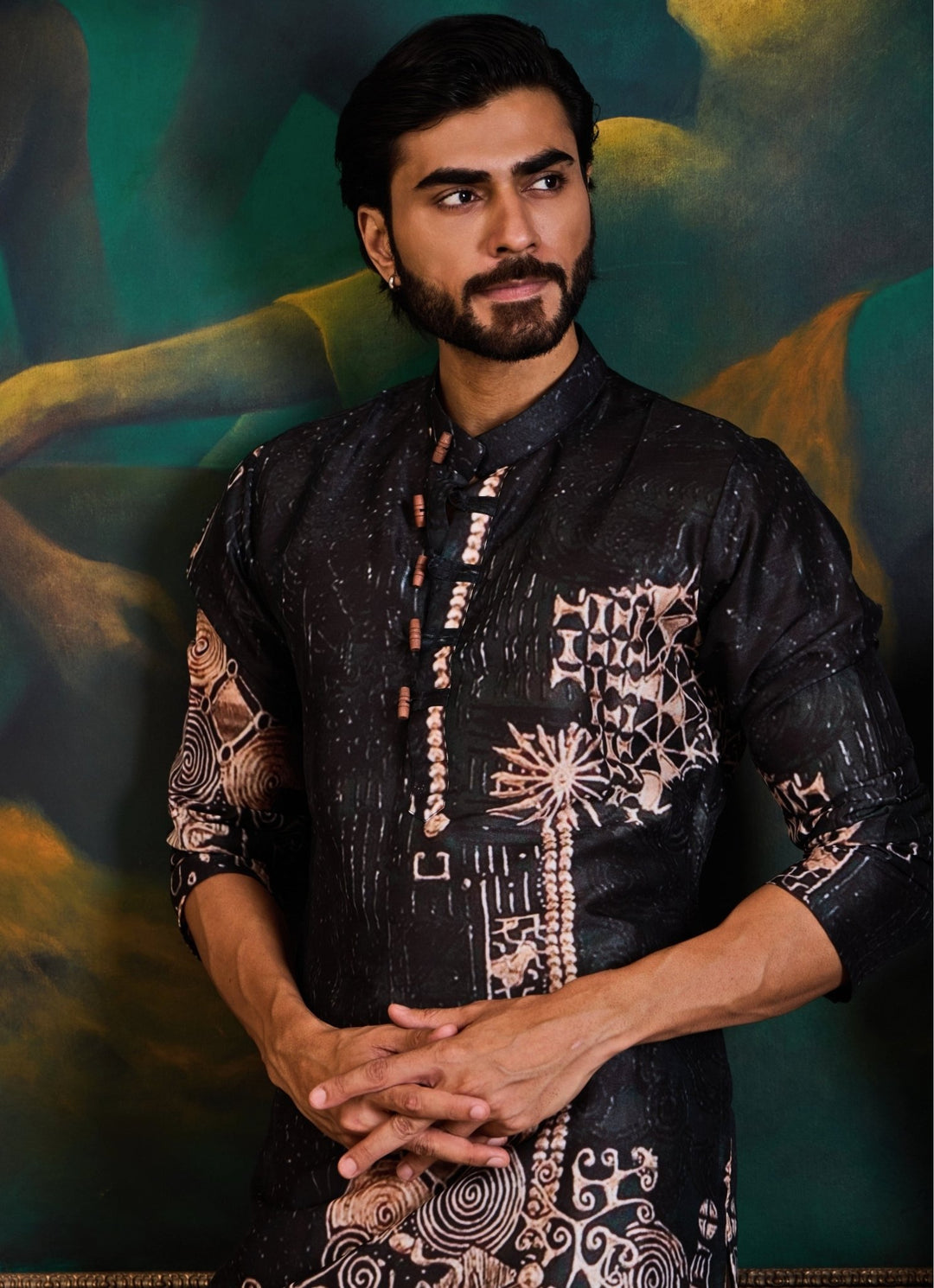 Black and Beige Dupion Silk Printed Kurta Set Nitika Gujral - Men - Fabilicious Fashion