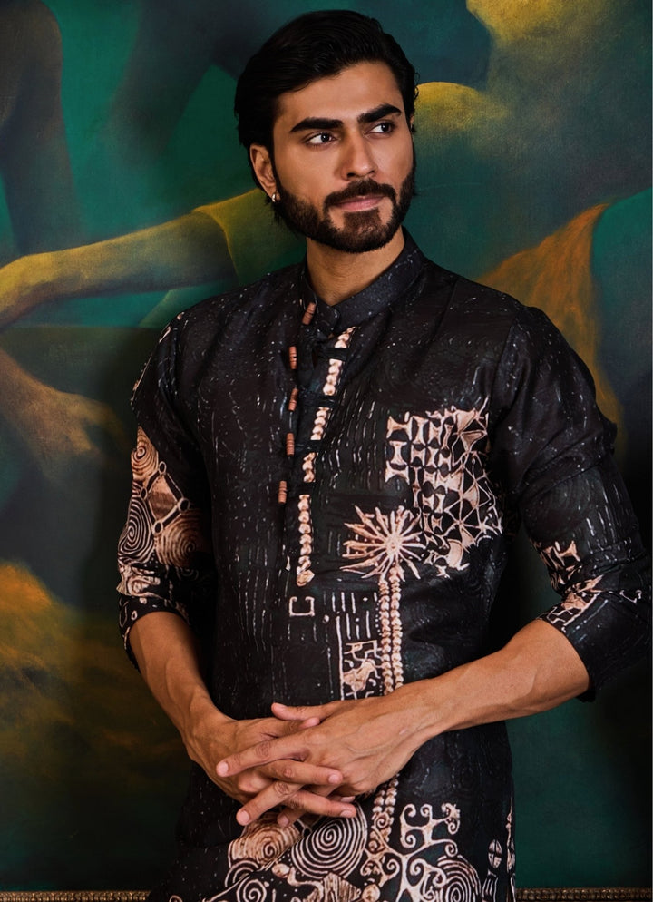 Black and Beige Dupion Silk Printed Kurta Set Nitika Gujral - Men - Fabilicious Fashion