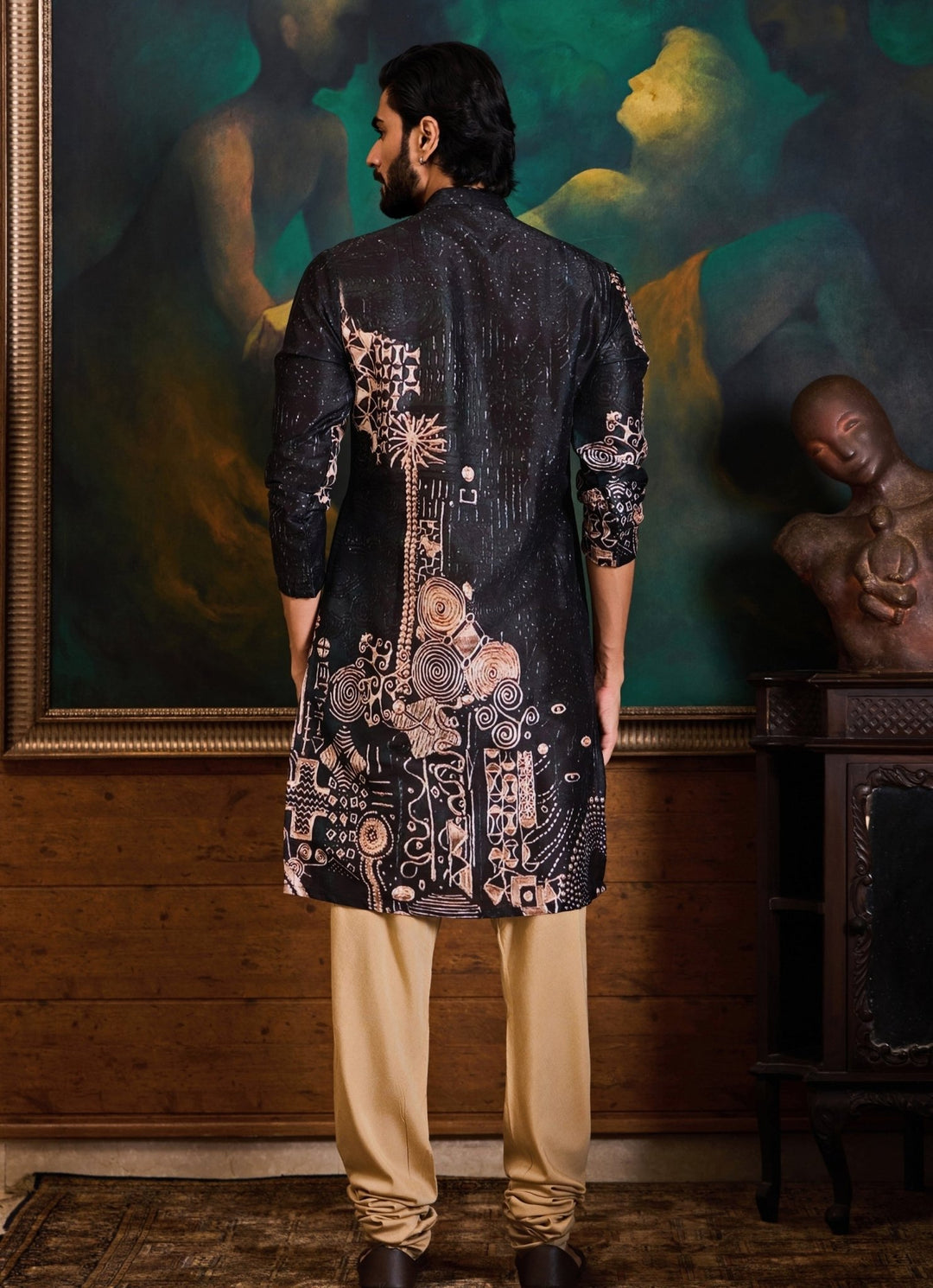 Black and Beige Dupion Silk Printed Kurta Set Nitika Gujral - Men - Fabilicious Fashion
