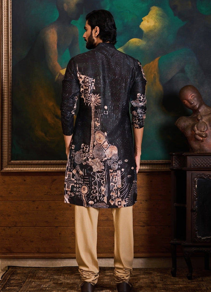 Black and Beige Dupion Silk Printed Kurta Set Nitika Gujral - Men - Fabilicious Fashion