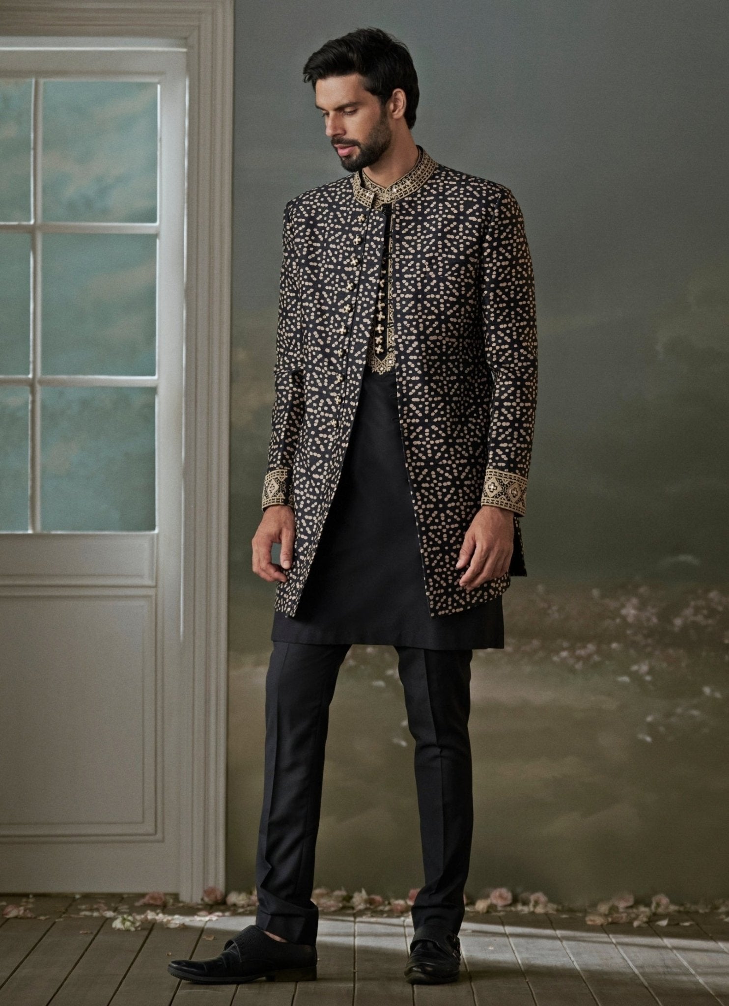 Black and beige printed raw silk achkan set, indo-western for men by Nitika Gujral Men, made to measure with UK and USA delivery by Fabilicious