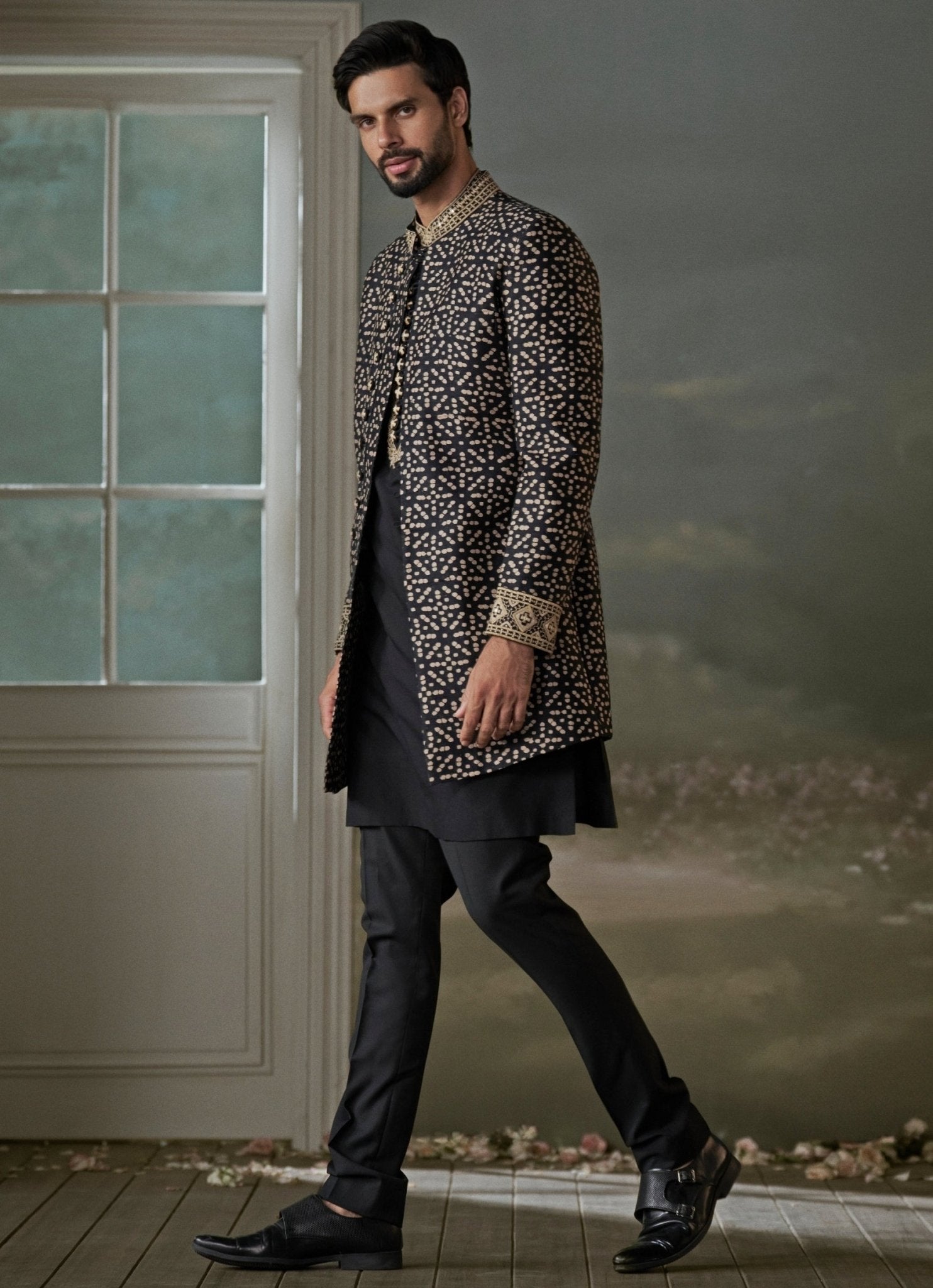 Black and beige printed raw silk achkan set by Nitika Gujral Men — black indo-western achkan for a wedding