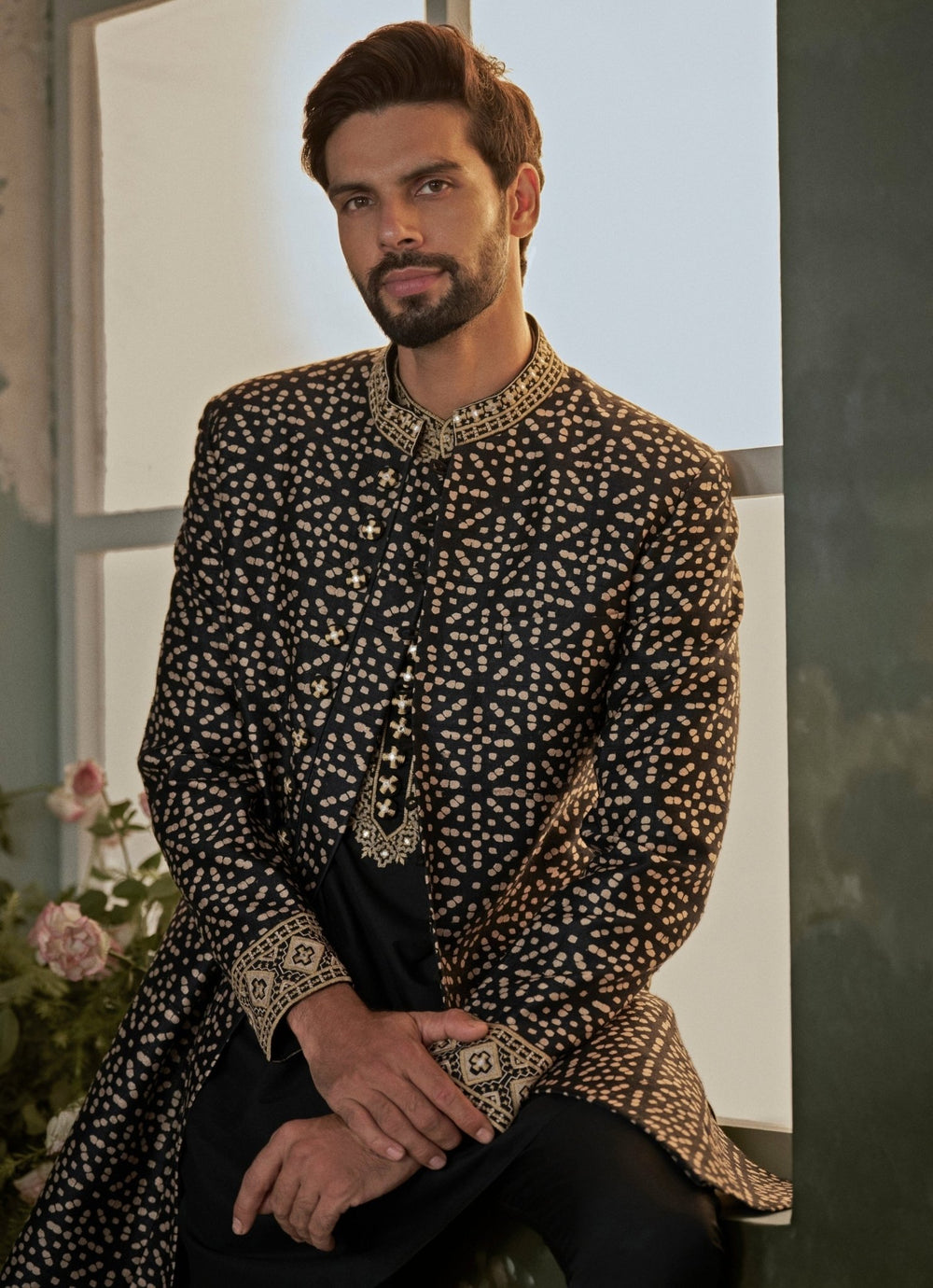 Black and Beige Printed Raw Silk Achkan Set Nitika Gujral - Men - Fabilicious Fashion