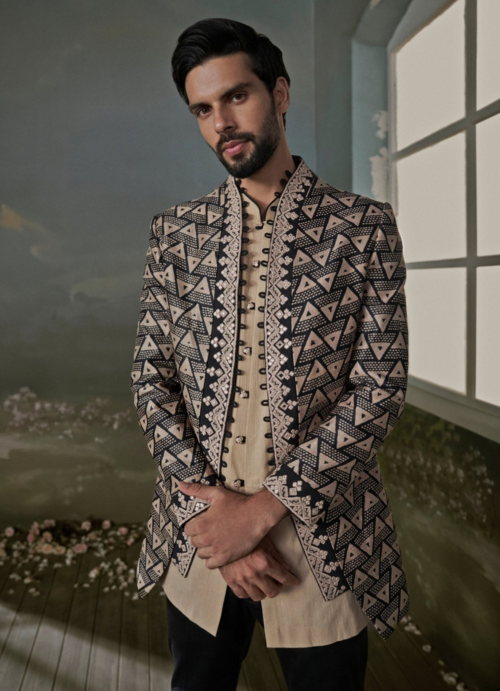 Black and Beige Raw Silk Jacket Kurta Set Nitika Gujral - Men - Fabilicious Fashion