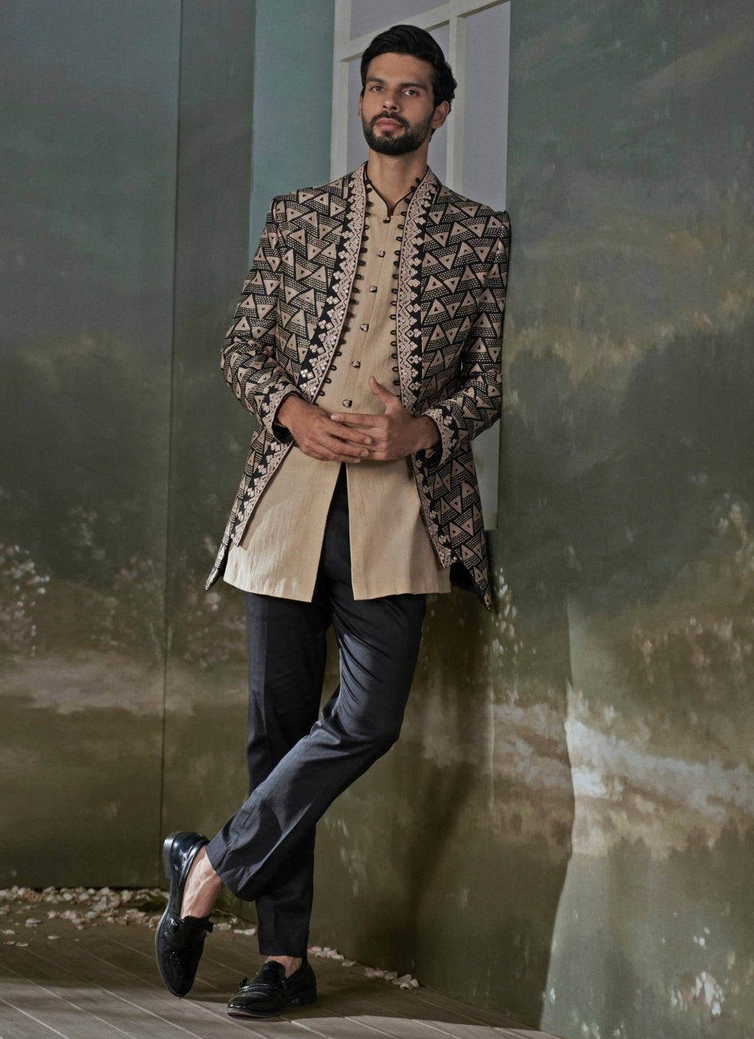 Black and Beige Raw Silk Jacket Kurta Set Nitika Gujral - Men - Fabilicious Fashion