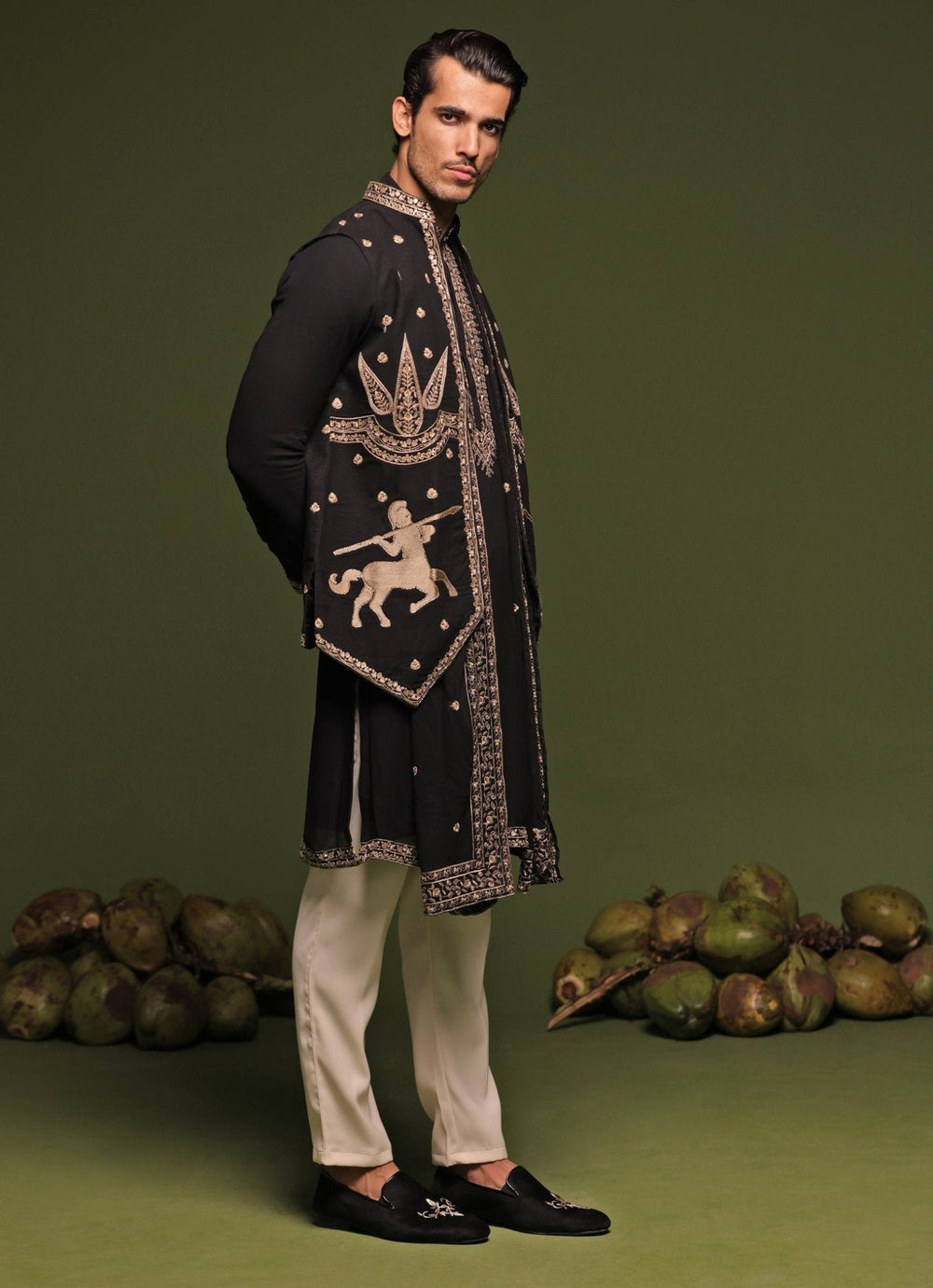 Black And Gold Embroidered Kurta Jacket Set With Dupatta Kalpraag - Fabilicious Fashion