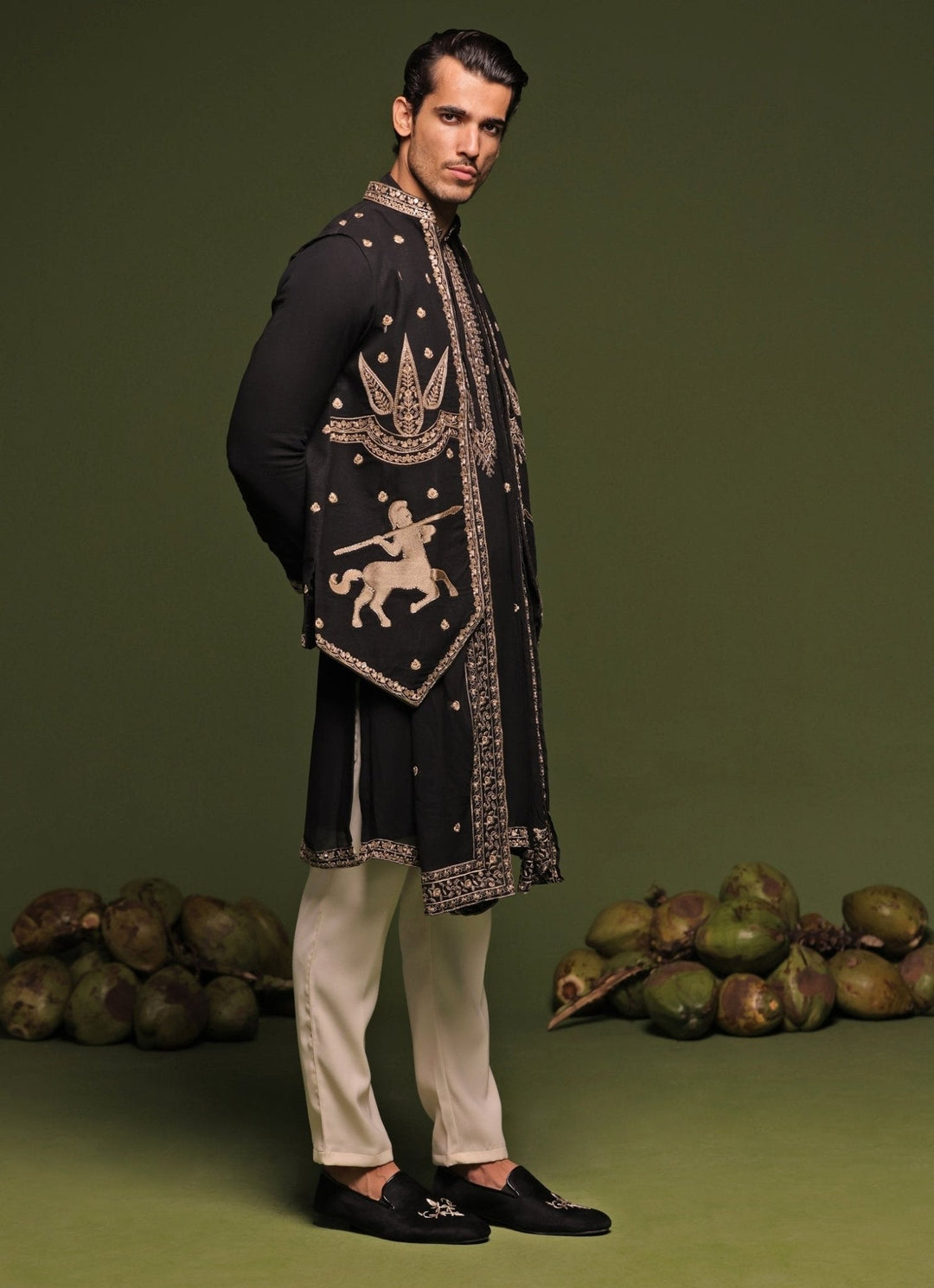 Black And Gold Embroidered Kurta Jacket Set With Dupatta Kalpraag - Fabilicious Fashion