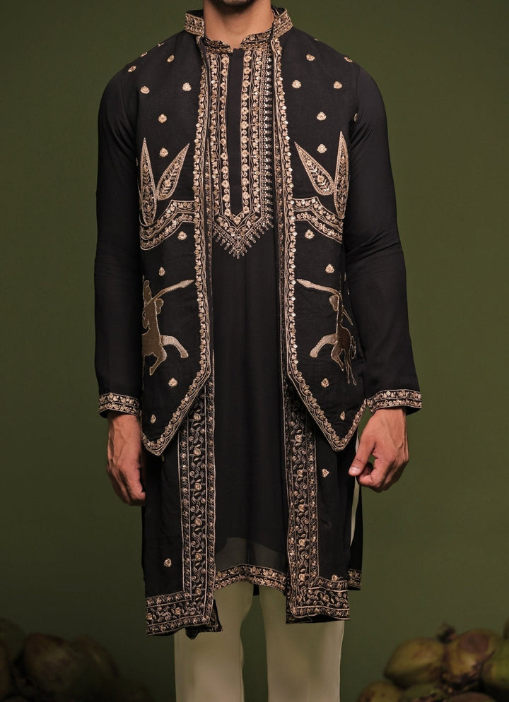 Black And Gold Embroidered Kurta Jacket Set With Dupatta Kalpraag - Fabilicious Fashion