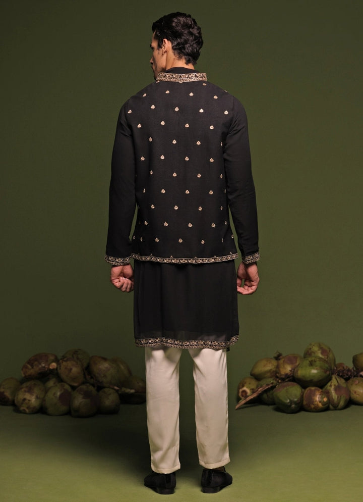 Black And Gold Embroidered Kurta Jacket Set With Dupatta Kalpraag - Fabilicious Fashion