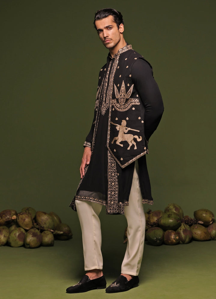 Black And Gold Embroidered Kurta Jacket Set With Dupatta Kalpraag - Fabilicious Fashion