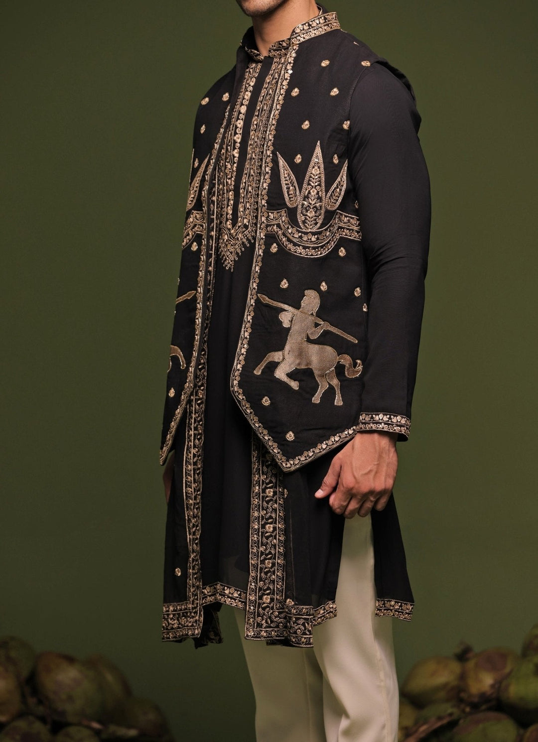 Black And Gold Embroidered Kurta Jacket Set With Dupatta Kalpraag - Fabilicious Fashion