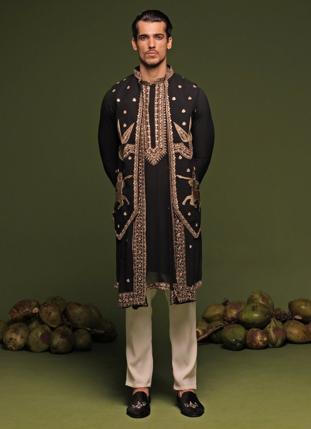 Black And Gold Embroidered Kurta Jacket Set With Dupatta Kalpraag - Fabilicious Fashion