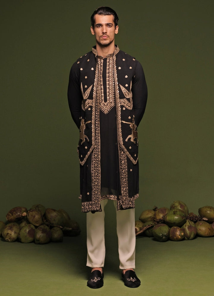 Black And Gold Embroidered Kurta Jacket Set With Dupatta Kalpraag - Fabilicious Fashion