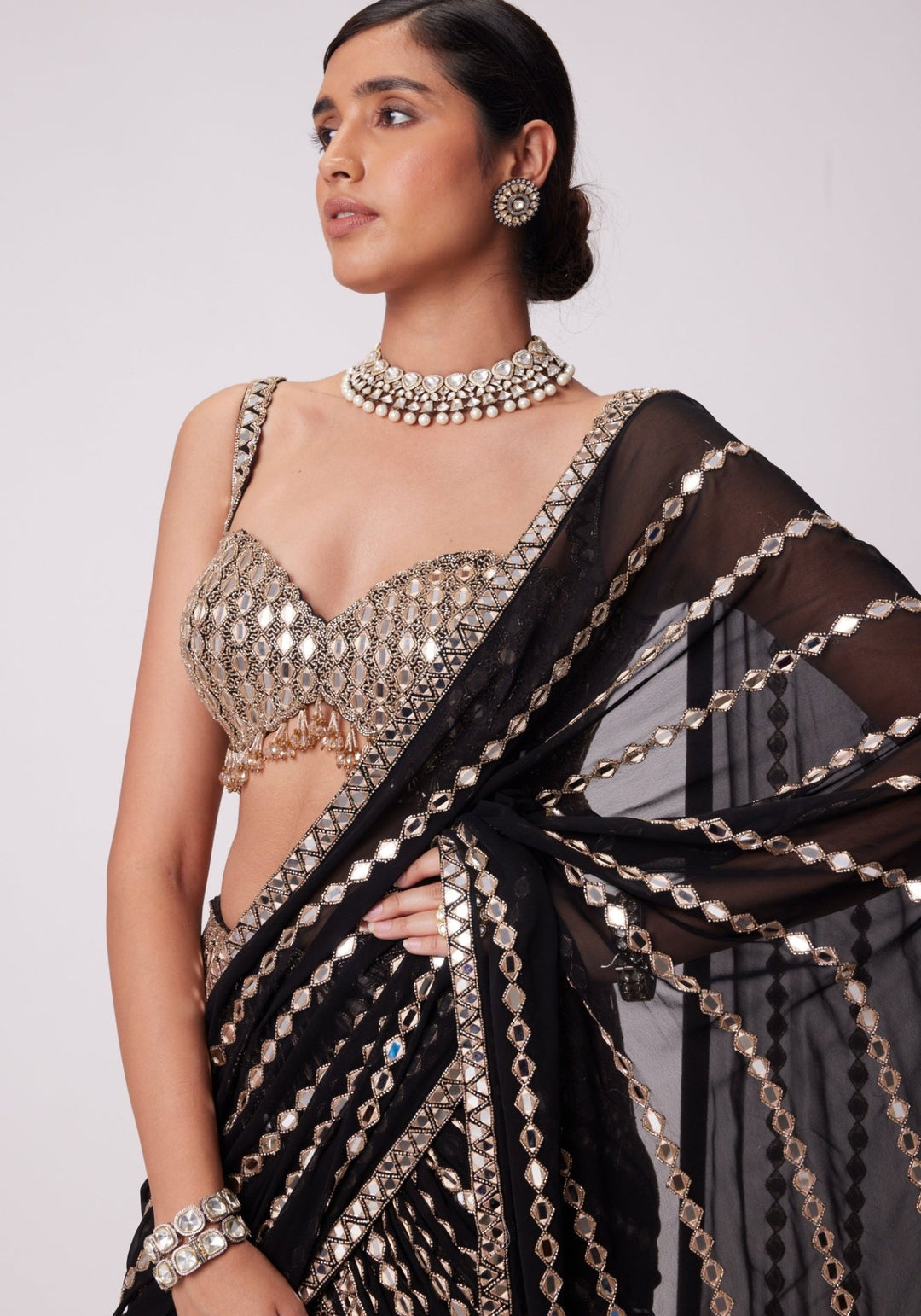 Black And Gold Pre Draped Saree Set Vvani by Vani Vats - Fabilicious Fashion