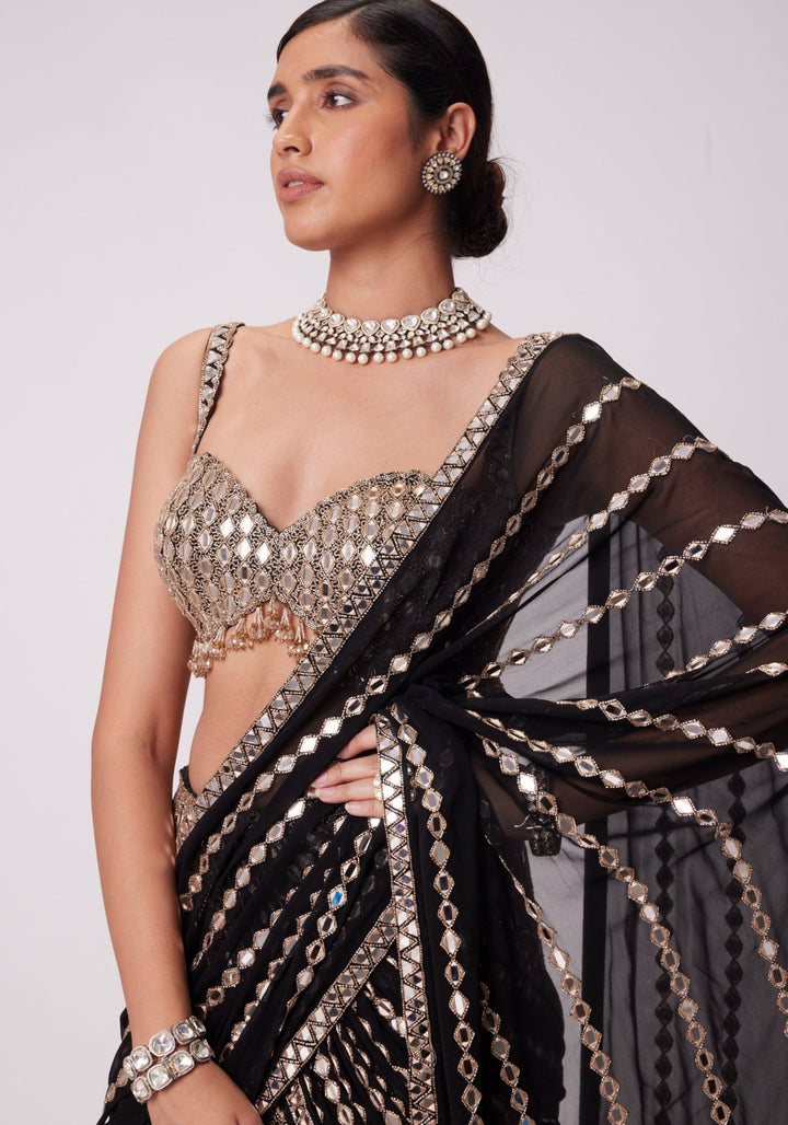 Black And Gold Pre Draped Saree Set Vvani by Vani Vats - Fabilicious Fashion