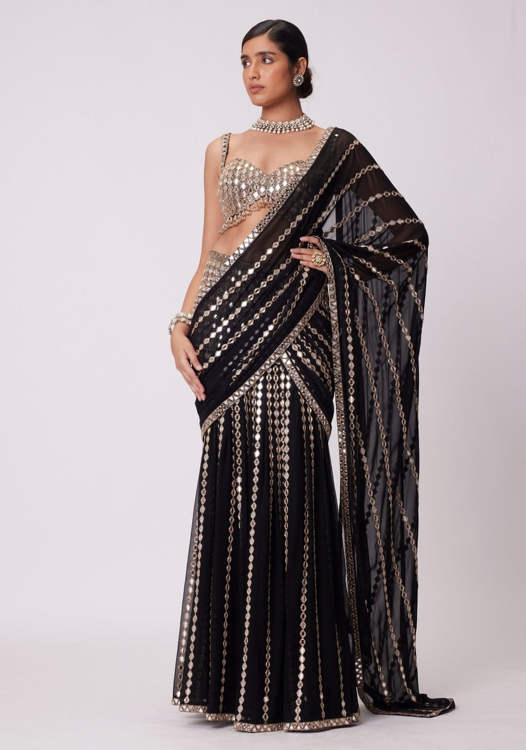 Black And Gold Pre Draped Saree Set Vvani by Vani Vats - Fabilicious Fashion