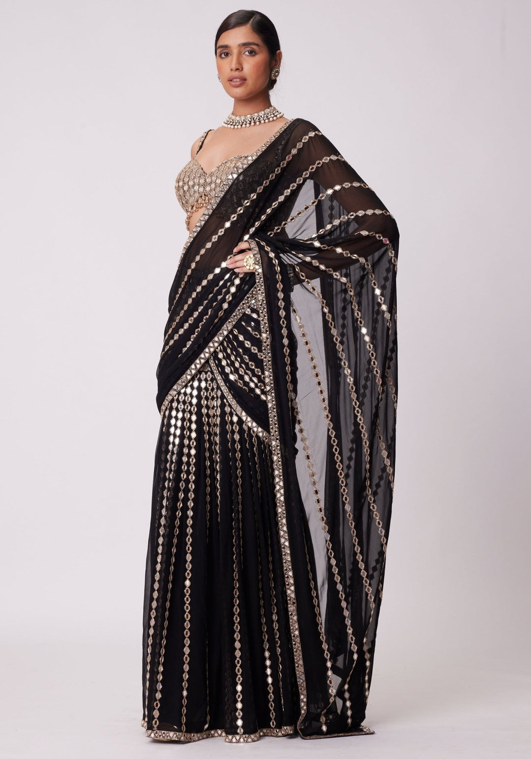 Black And Gold Pre Draped Saree Set Vvani by Vani Vats - Fabilicious Fashion
