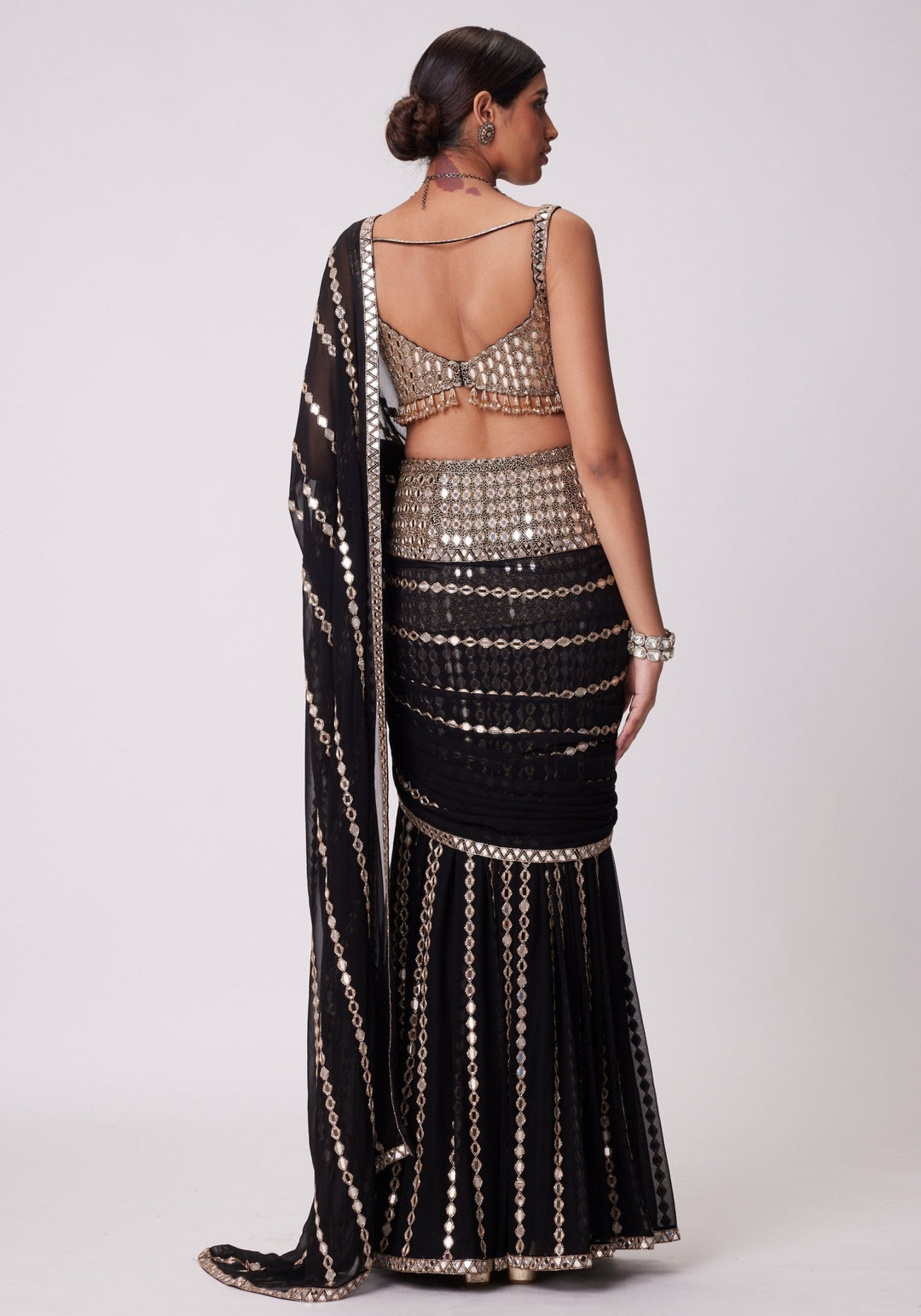Black And Gold Pre Draped Saree Set Vvani by Vani Vats - Fabilicious Fashion