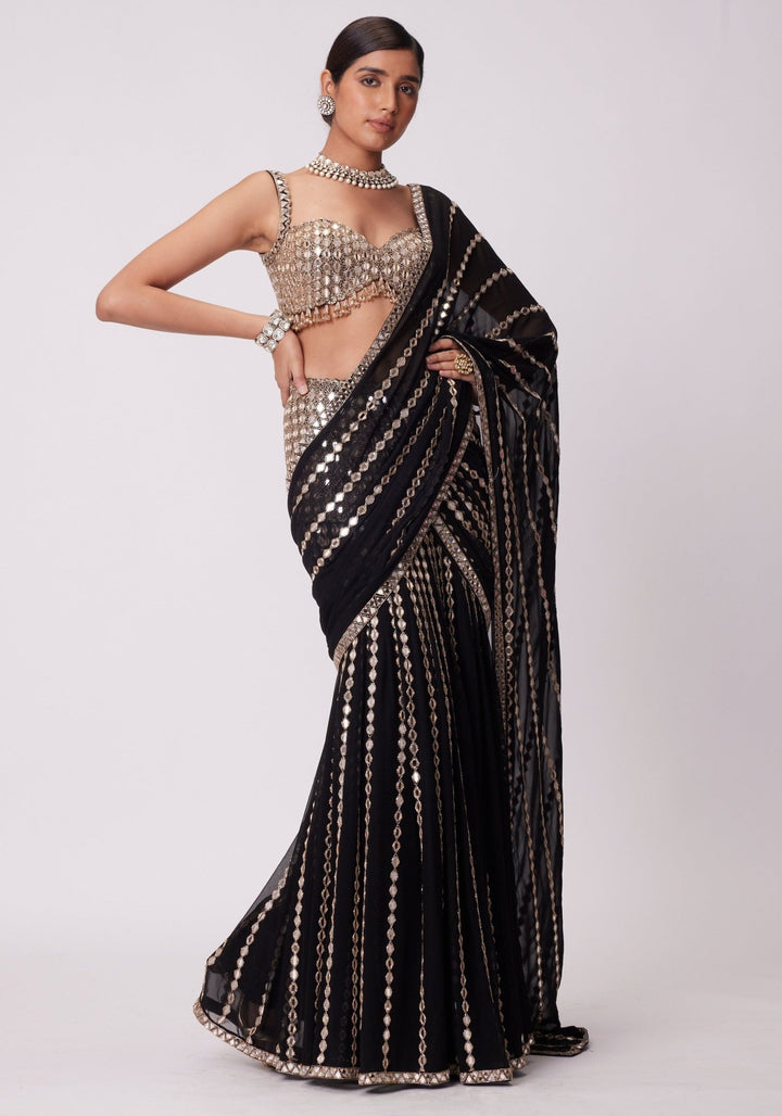 Black And Gold Pre Draped Saree Set Vvani by Vani Vats - Fabilicious Fashion