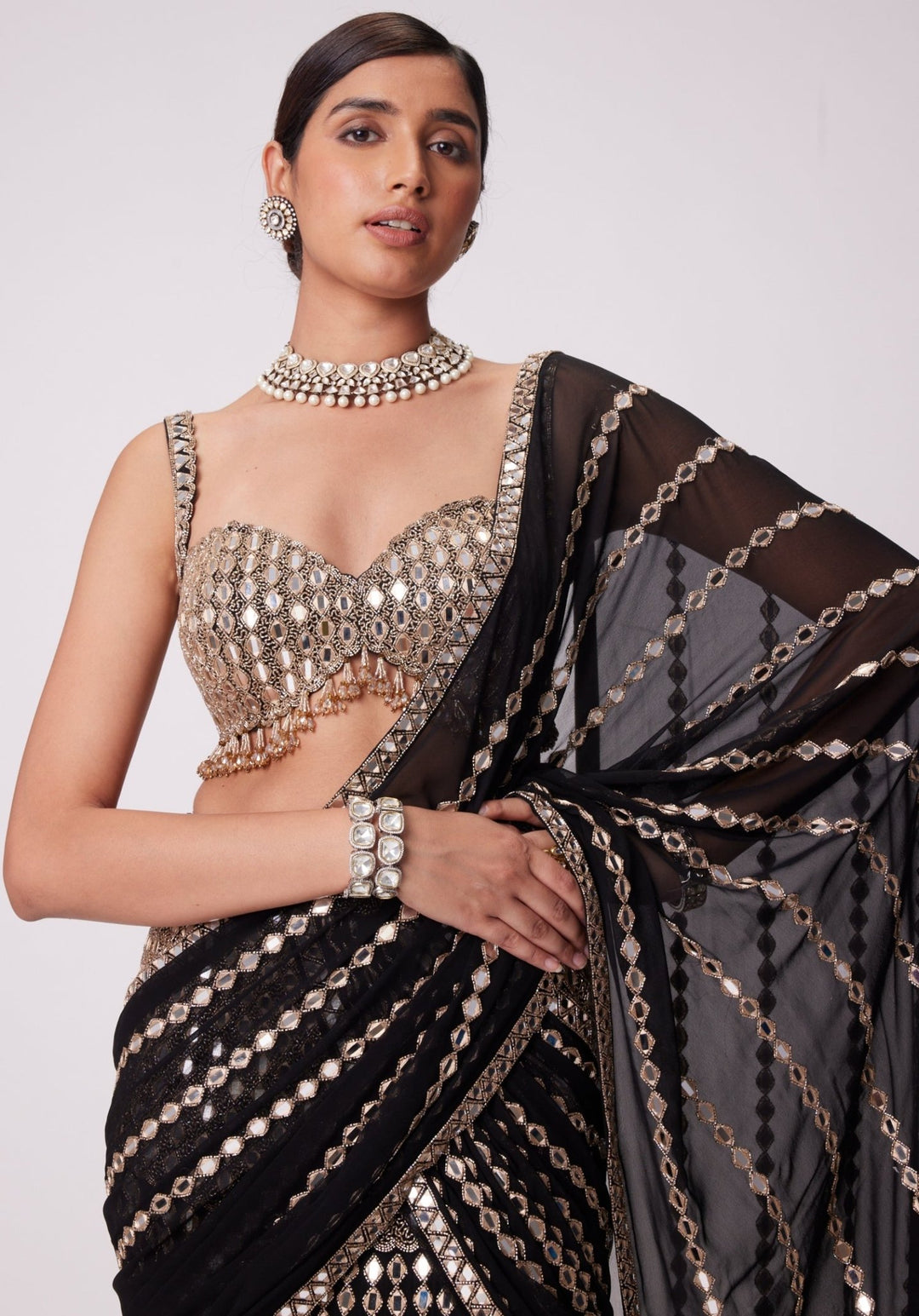 Black And Gold Pre Draped Saree Set Vvani by Vani Vats - Fabilicious Fashion