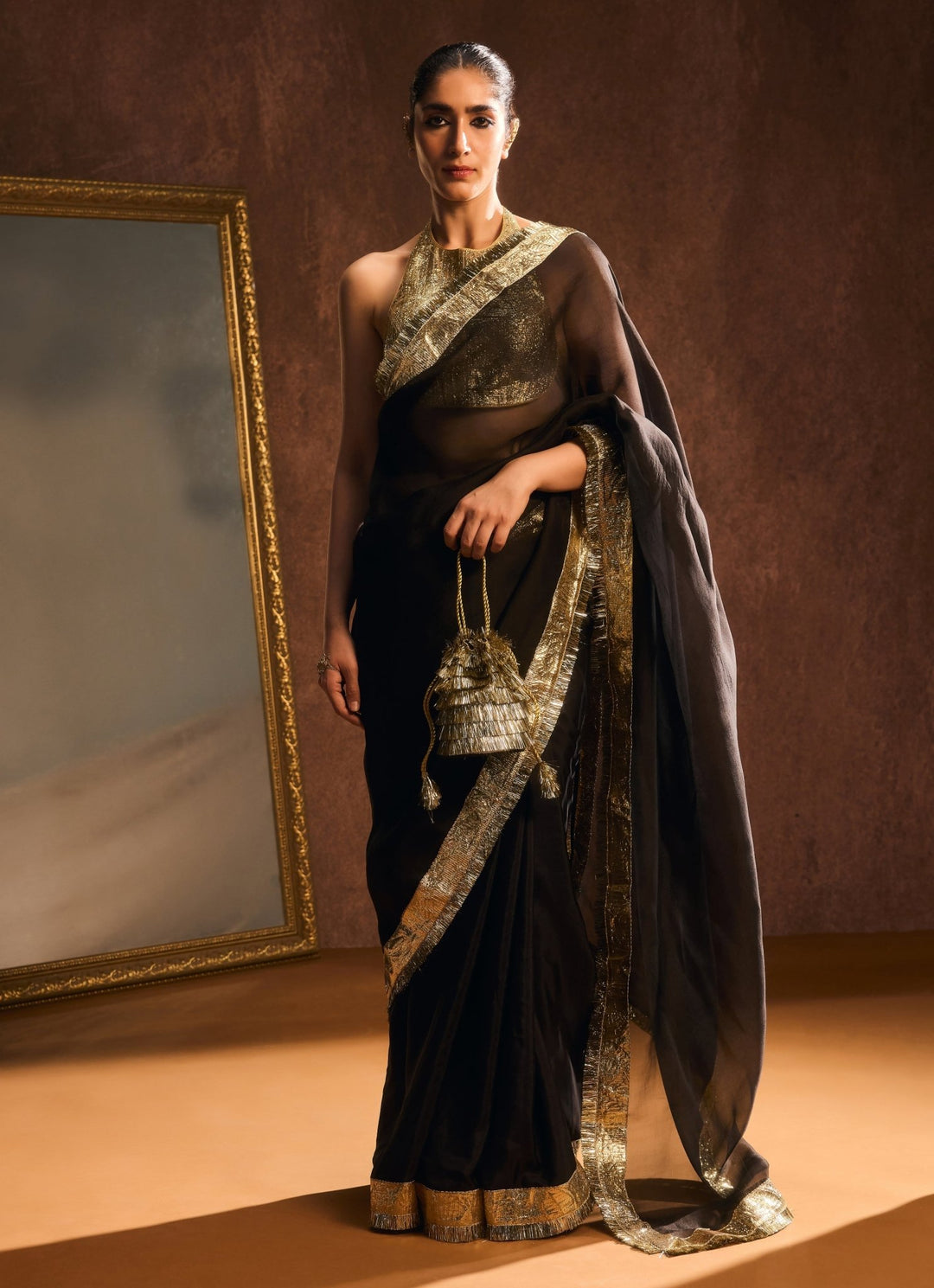 Black And Gold Pure Silk Organza Saree Kapardara - Fabilicious Fashion