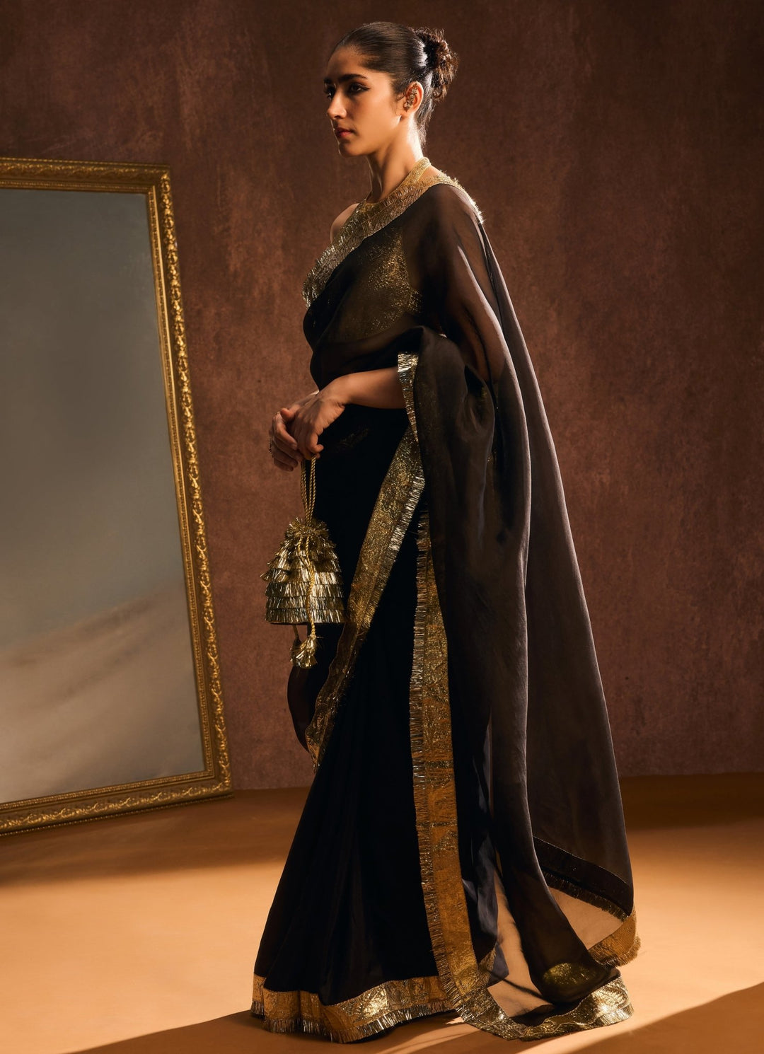 Black And Gold Pure Silk Organza Saree Kapardara - Fabilicious Fashion