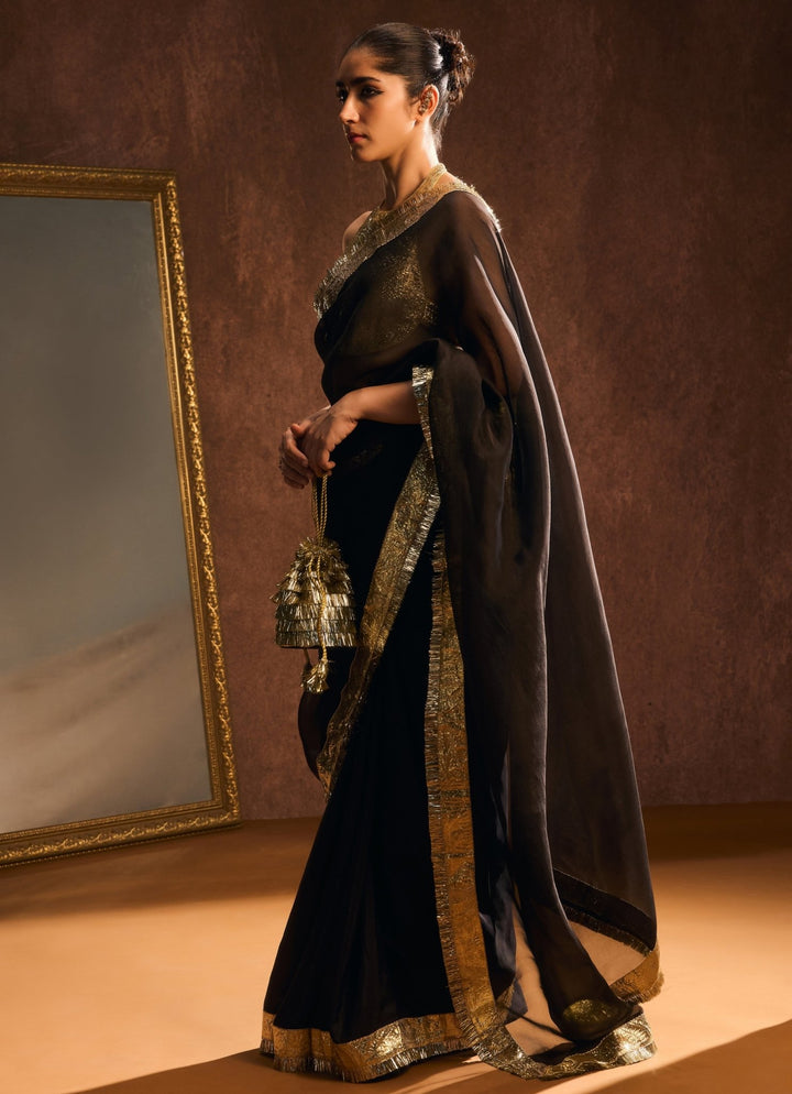 Black And Gold Pure Silk Organza Saree Kapardara - Fabilicious Fashion