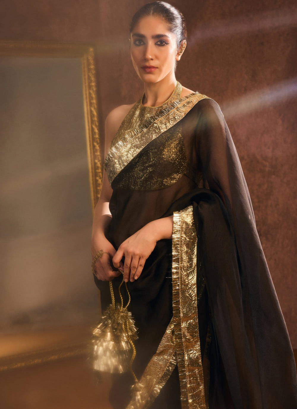 Black And Gold Pure Silk Organza Saree Kapardara - Fabilicious Fashion