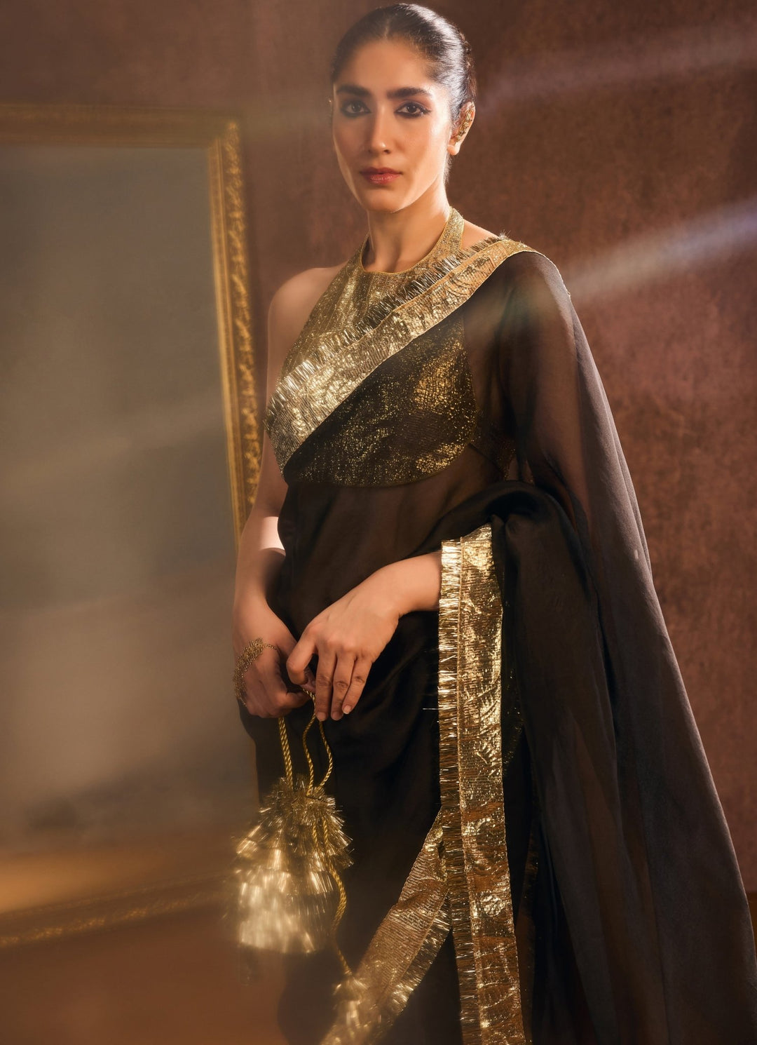 Black And Gold Pure Silk Organza Saree Kapardara - Fabilicious Fashion