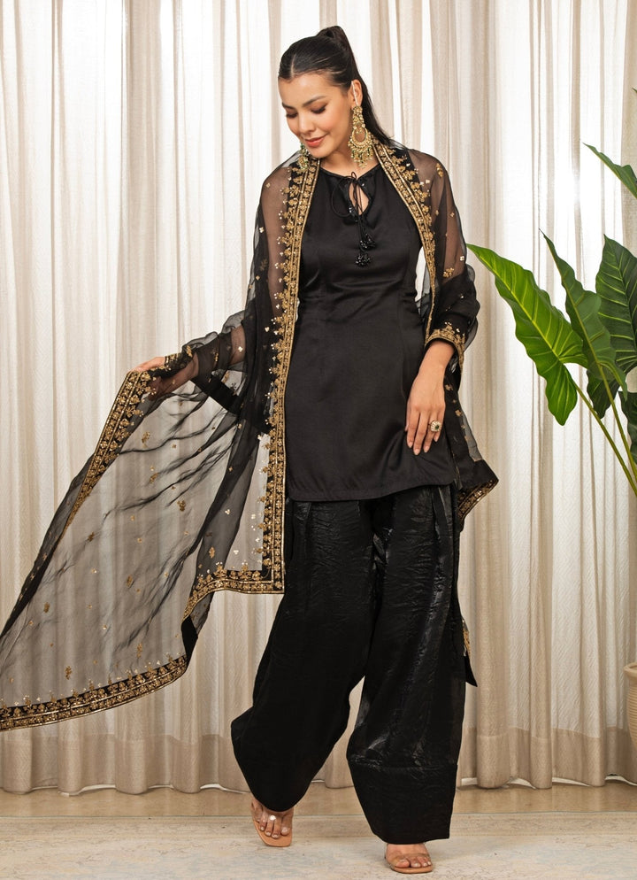 Black And Gold Satin Kurta Salwar Set Esha Koul - Fabilicious Fashion