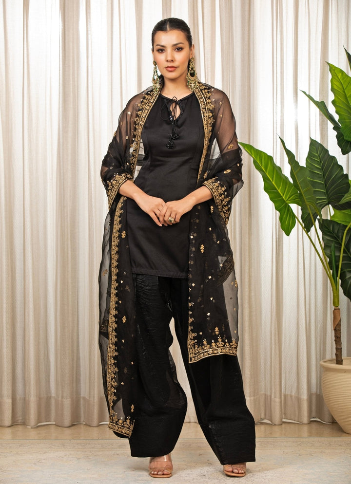 Black And Gold Satin Kurta Salwar Set Esha Koul - Fabilicious Fashion