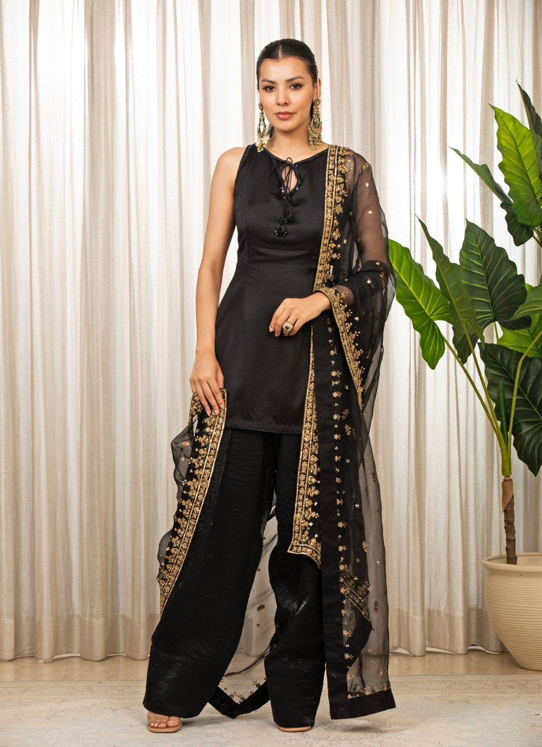 Black And Gold Satin Kurta Salwar Set Esha Koul - Fabilicious Fashion