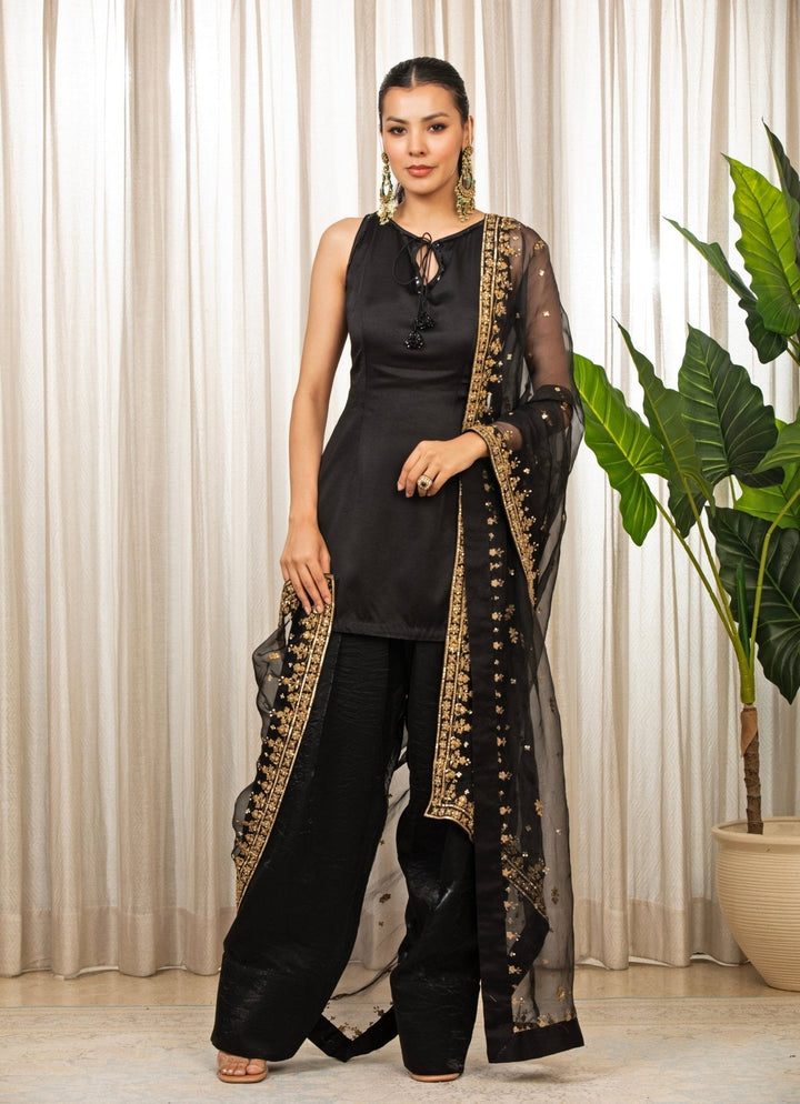 Black And Gold Satin Kurta Salwar Set Esha Koul - Fabilicious Fashion