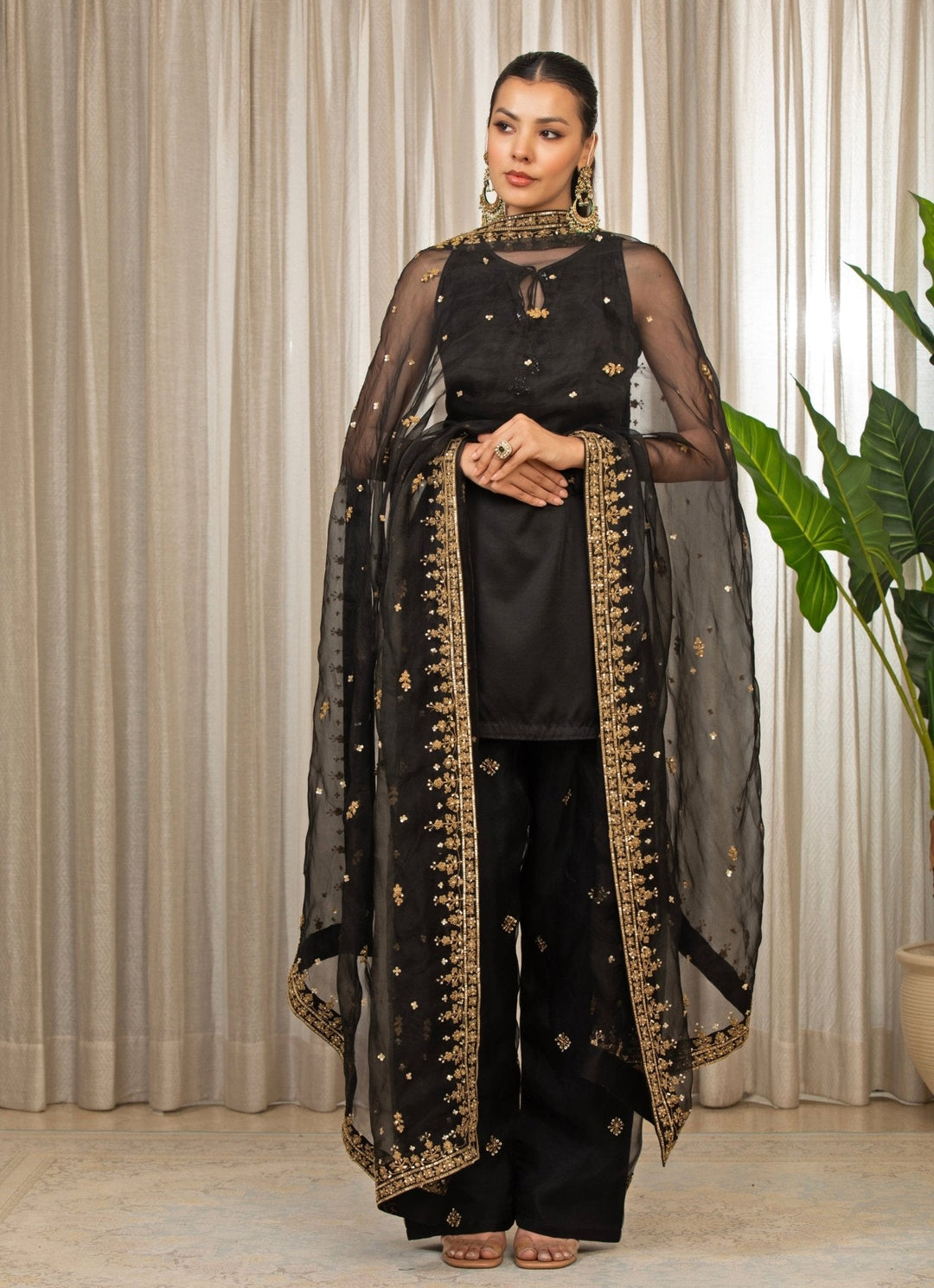 Black And Gold Satin Kurta Salwar Set Esha Koul - Fabilicious Fashion
