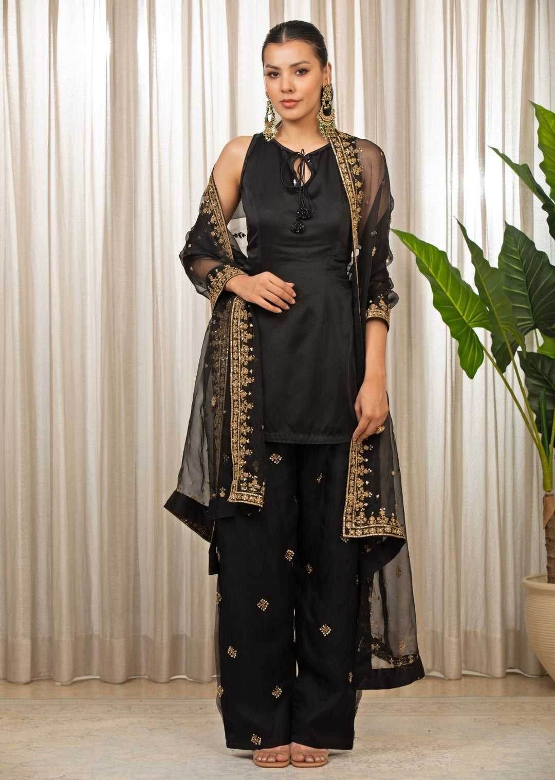 Black And Gold Satin Kurta Salwar Set Esha Koul - Fabilicious Fashion